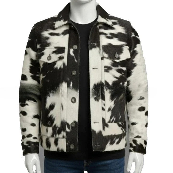 Mens Black and White Asymmetric Zip Leather Jacket with Wide Lapel Modern Statement Outerwear