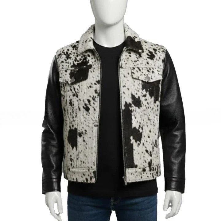 Mens Black and White Textured Leather Jacket with Modern Panel Design and Button Front