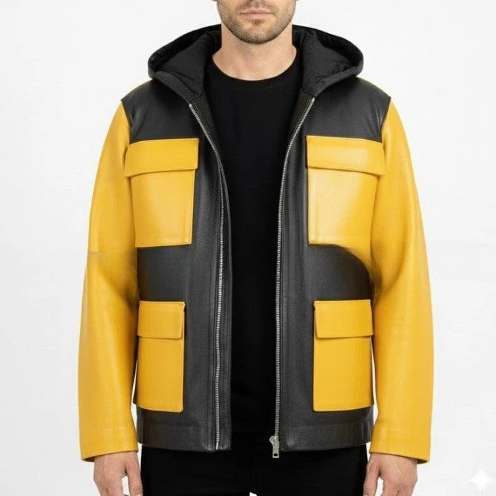 Mens Black and Yellow Leather Hooded Jacket with Front Pockets Casual Zip Front Jackets