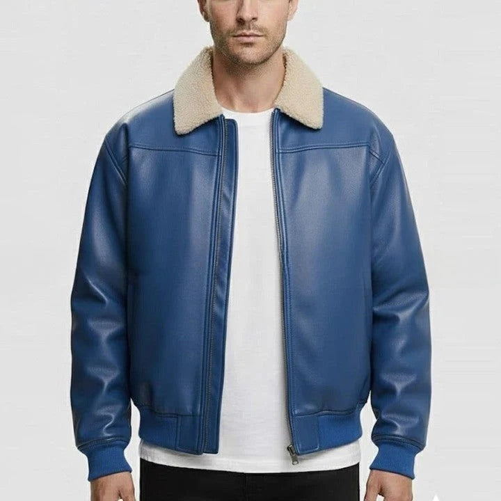 Mens Blue Leather Jacket with Warm Collar and Modern Fit