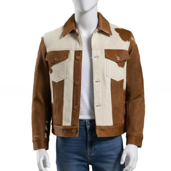 Mens Brown Cream Cowhide Style Leather Jacket Handmade Patchwork Western Jacket