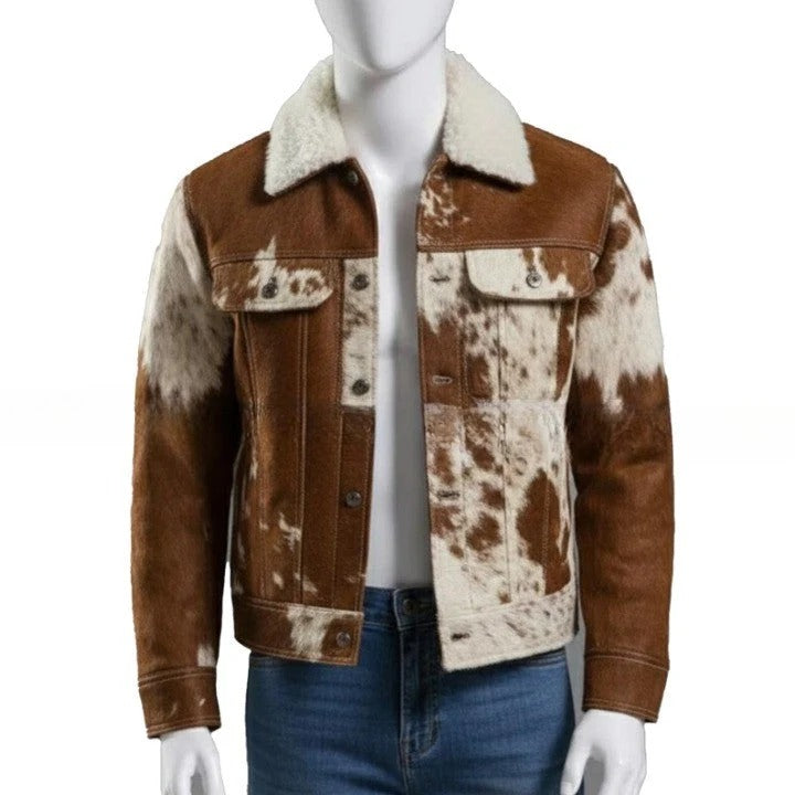 Mens Brown Cream Cowhide Style Leather Jacket Handmade Pathwork Western Jacket