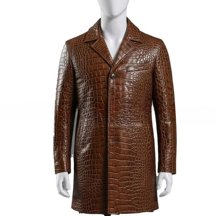 Mens Brown Croc Embossed Coat Genuine Leather Button Front Jacket Handmade Long Leather Outerwear