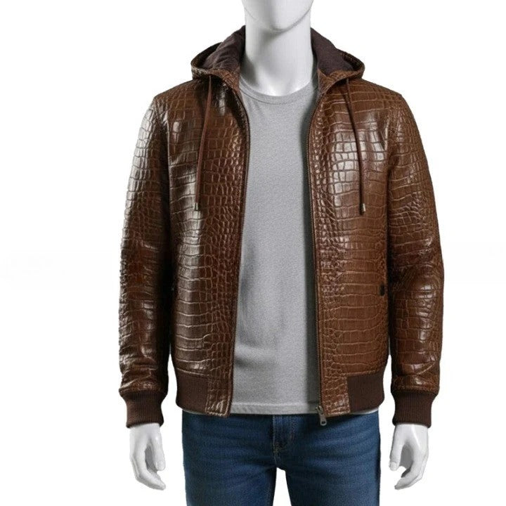 Mens Brown Croc Embossed Genuine Leather Hoodie Biker Jacket