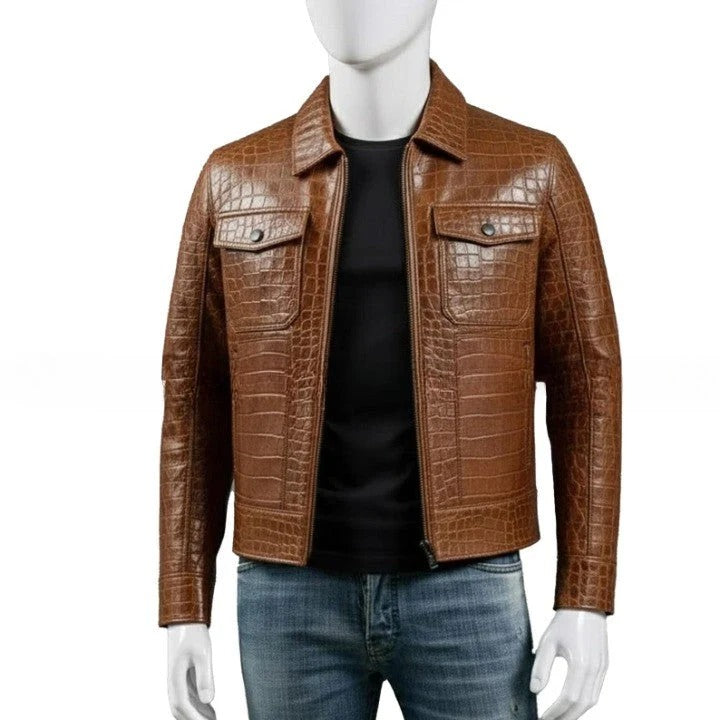 Mens Brown Croc Embossed Genuine Leather Trucker Jacket