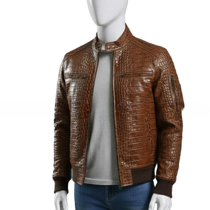 Mens Brown Crocodile Embossed Genuine Leather Jacket Slim Fit