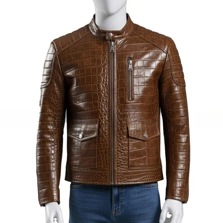 Mens Brown Crocodile Embossed Leather Biker Jacket Slim Fit Aviator Coat