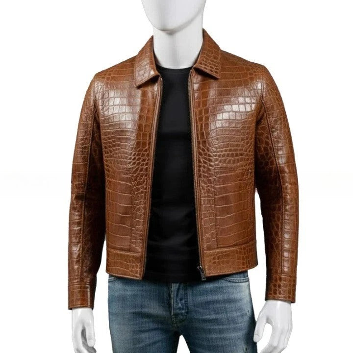 Mens Brown Crocodile Texture Genuine Leather Jacket
