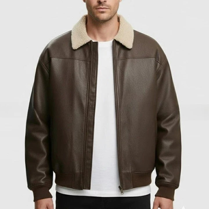 Mens Brown Genuine Leather Bomber Jacket Sherpa Collar Aviator Style