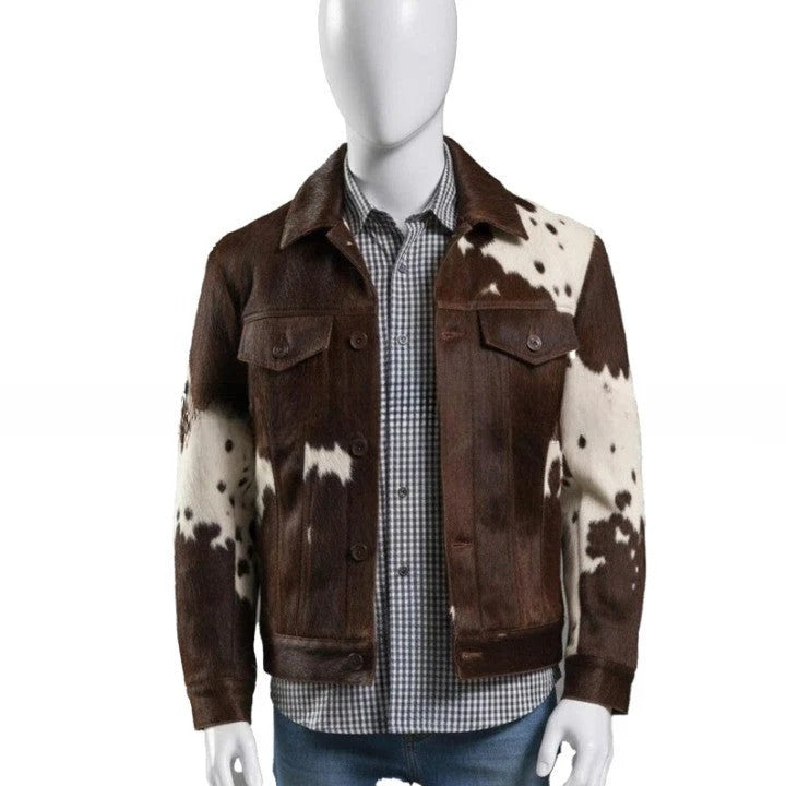Mens Brown Patchwork Leather Jacket with Contrast Panels and Classic Button Closure