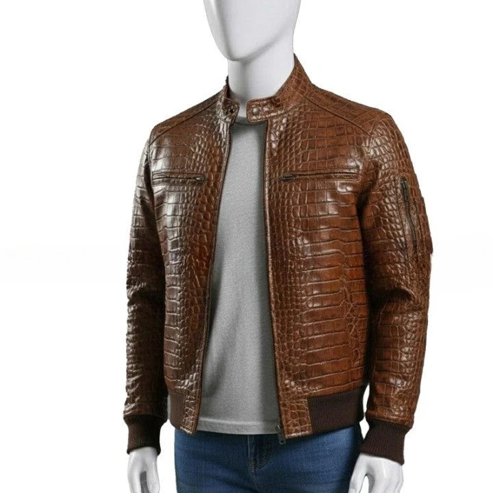 Mens Brown Textured Leather Jacket Handmade Zip Up Coat