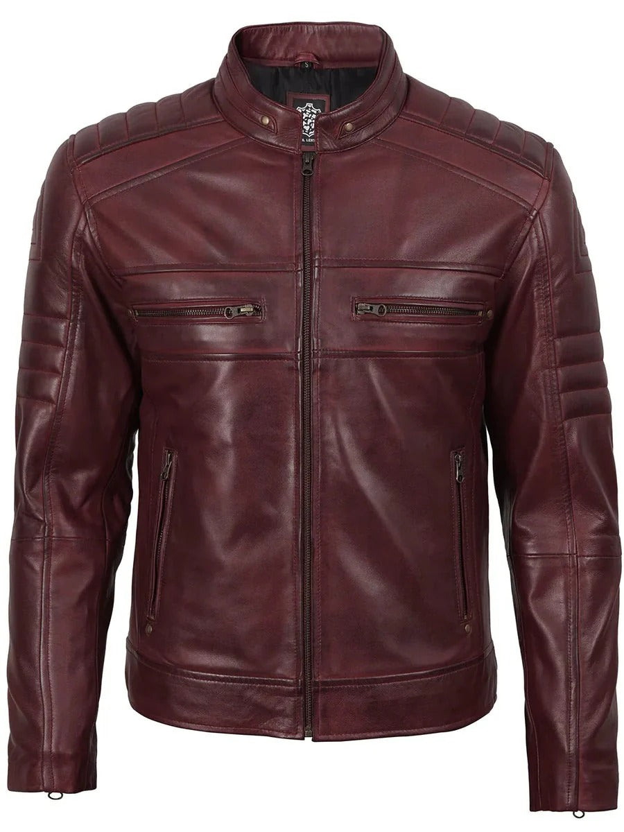 Mens Burgundy Cafe Racer Leather Jacket