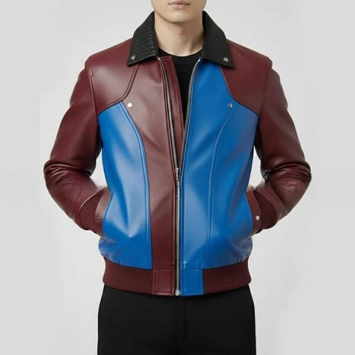 Mens Burgundy and Blue Leather Jacket Color Block Genuine Leather Bomber Jacket Modern Zip Front Moto Jacket Stylish Streetwear Gift -