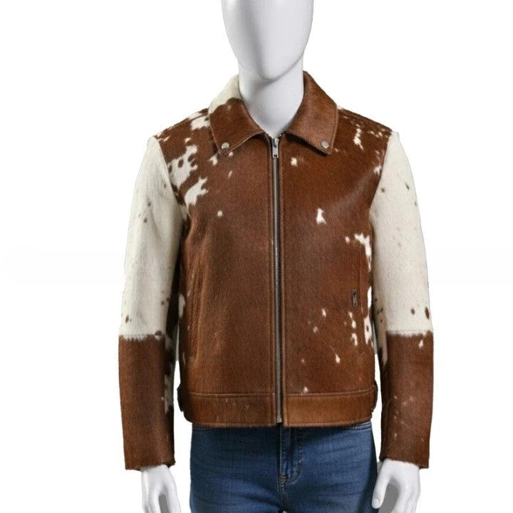 Mens Chestnut Brown Zip Leather Jacket with Speckled Contrast Panels Refined Casual Outerwear