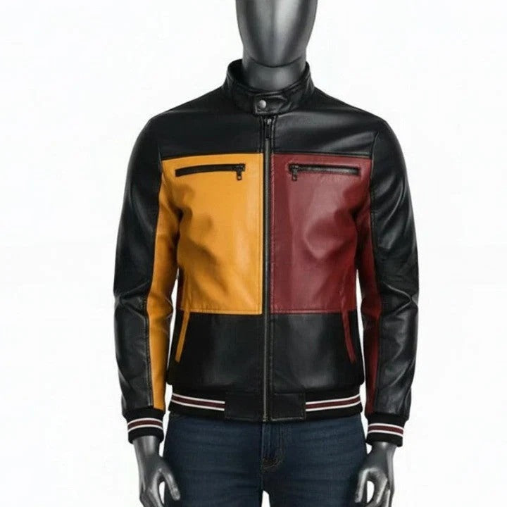 Mens Color Block Genuine Leather Jacket Maroon Mustard Panel Design