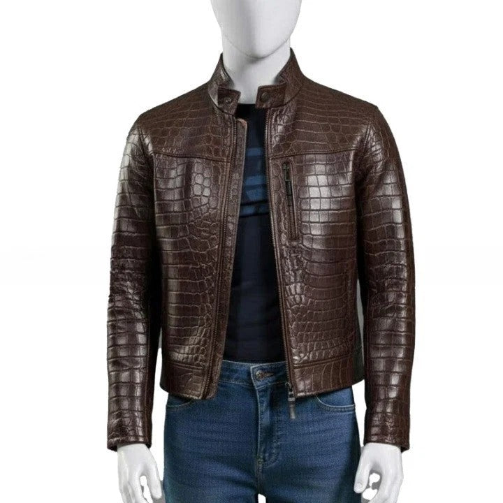 Mens Croc Embossed Genuine Leather Jacket Slim Fit Stand Collar