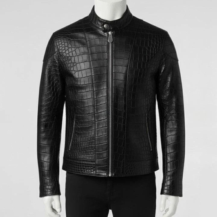 Mens Crocodile Embossed Leather Biker Jacket Slim Fit Aviator Coat