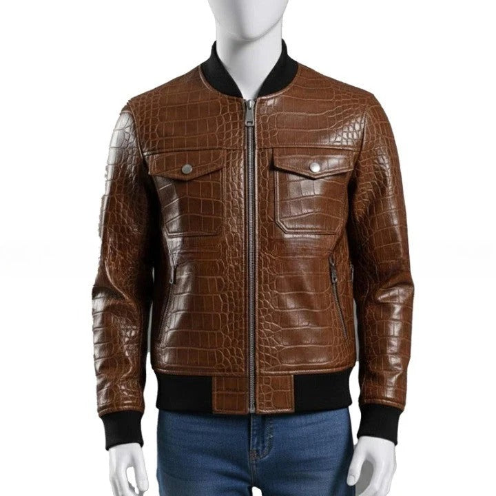 Mens Crocodile Embossed Leather Bomber Jacket Genuine Leather Aviator Coat