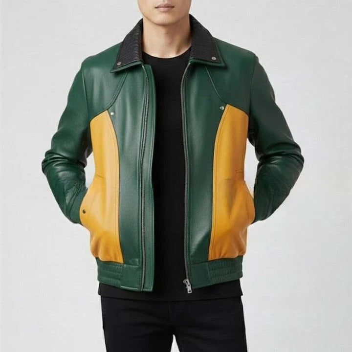 Mens Genuine Leather Bomber Jacket Green Mustard Two Tone Casual Outerwear