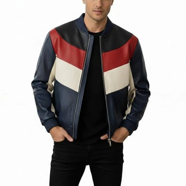 Mens Genuine Leather Bomber Jacket Navy Red Cream Panel Design