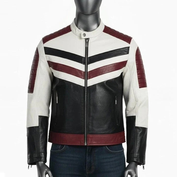 Mens Genuine Leather Racing Jacket Contrast Panel Fashion Coat