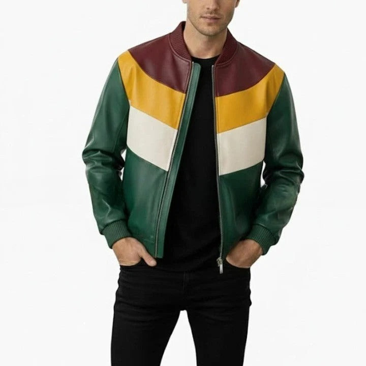 Mens Green Leather Jacket with Yellow Cream Panel Design Modern Zip Front Casual Jacket