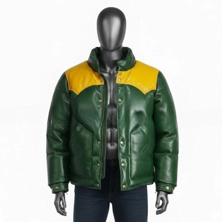 Mens Green Leather Puffer Jacket Yellow Yoke Winter Coat