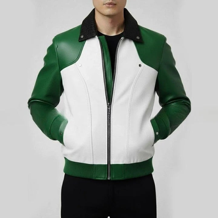 Mens Green and White Leather Jacket Color Block Genuine Leather Bomber Jacket Modern Zip Up Casual Moto Jacket Trendy Street Style Coat