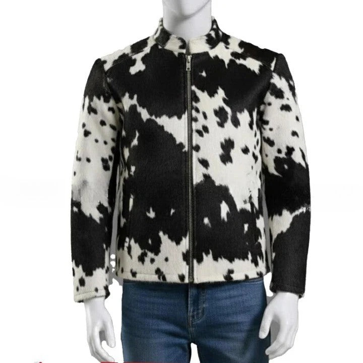 Mens Hair On Cowhide Leather Jacket Black White Trucker Style