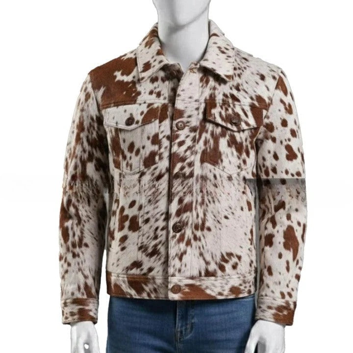 Mens Hair On Cowhide Leather Trucker Jacket Western Style