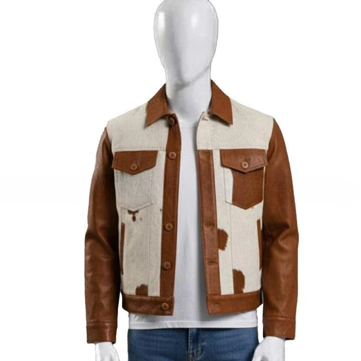 Mens Hair On Cowhide Leather Trucker Jackett Western Style