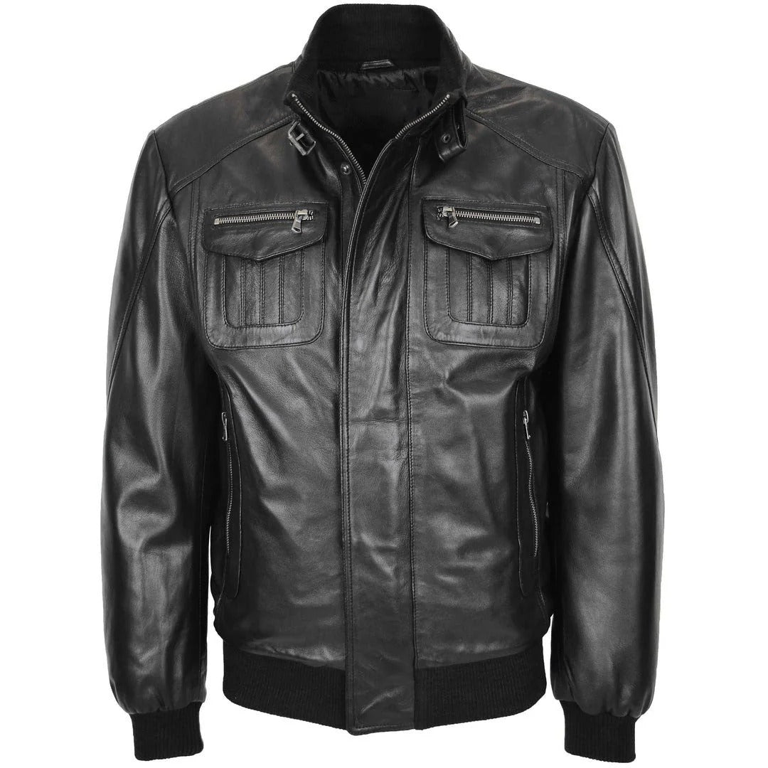 Mens Leather Bomber Flight Jacket Tom Black