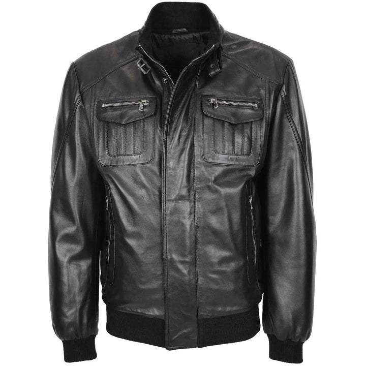 Mens Leather Bomber Flight Jacket Tom Black