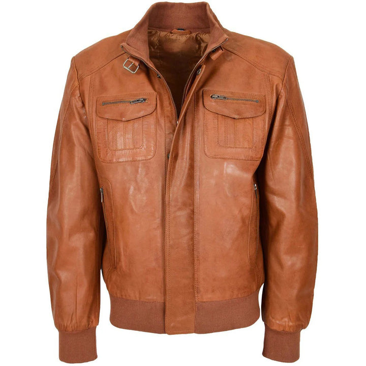 Mens Leather Bomber Flight Jacket Tom Tan