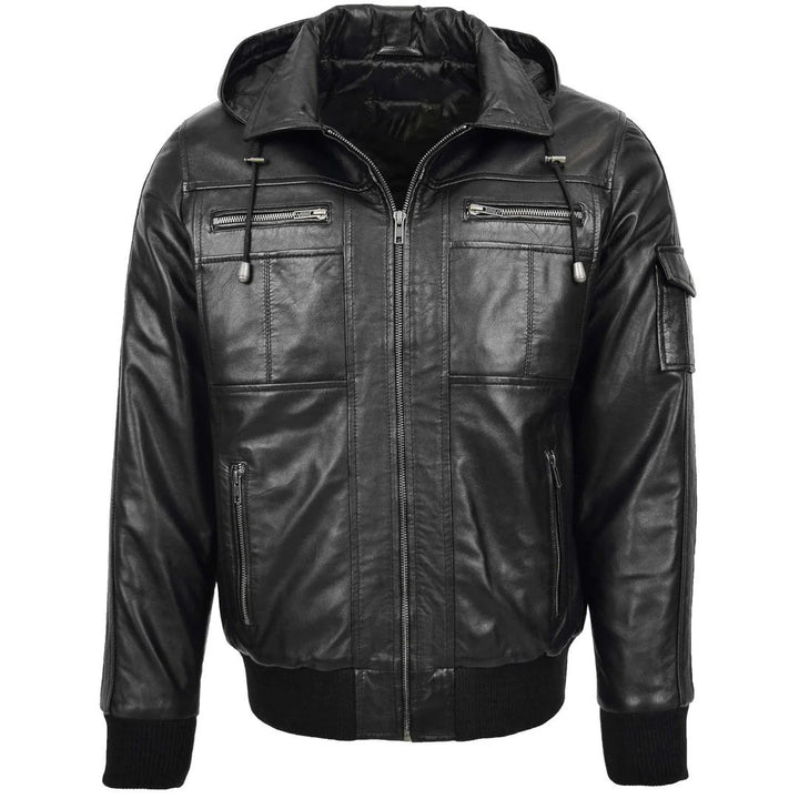 Mens Leather Bomber Jacket with Hoodie Bronx Black