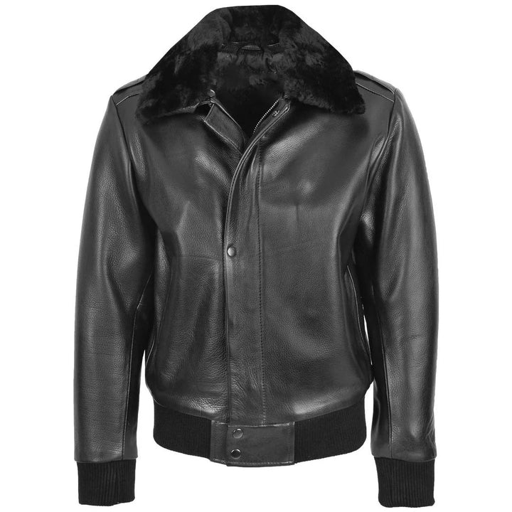 \Mens Leather Bomber Pilot Jacket Removable Collar Leroy Black