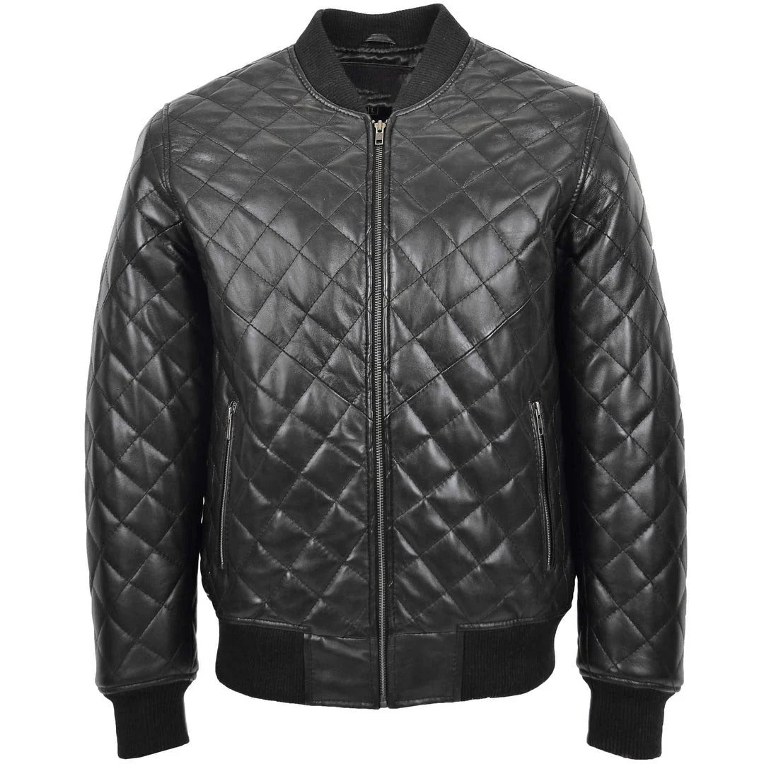 Mens Leather Quilted Bomber Jacket Warren Black