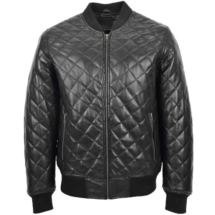 Mens Leather Quilted Bomber Jacket Warren Black