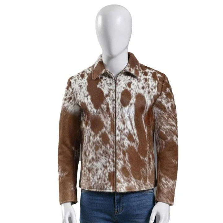 Mens Mocha Brown Zip Leather Jacket with All Over Marbled Texture Sleek Everyday Casual Wear