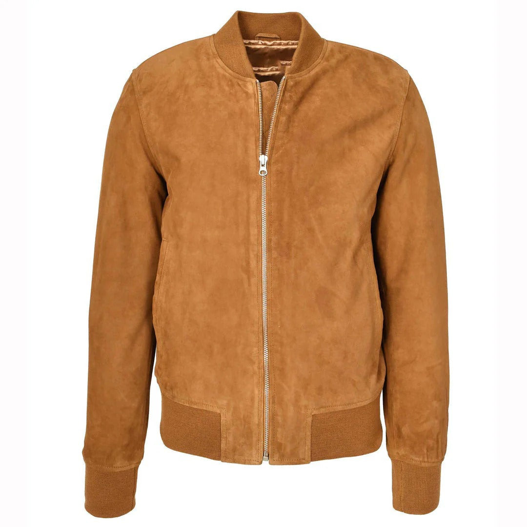 Mens Real Goat Suede Bomber Jacket MA-1 Varsity Design Ryan Cognac