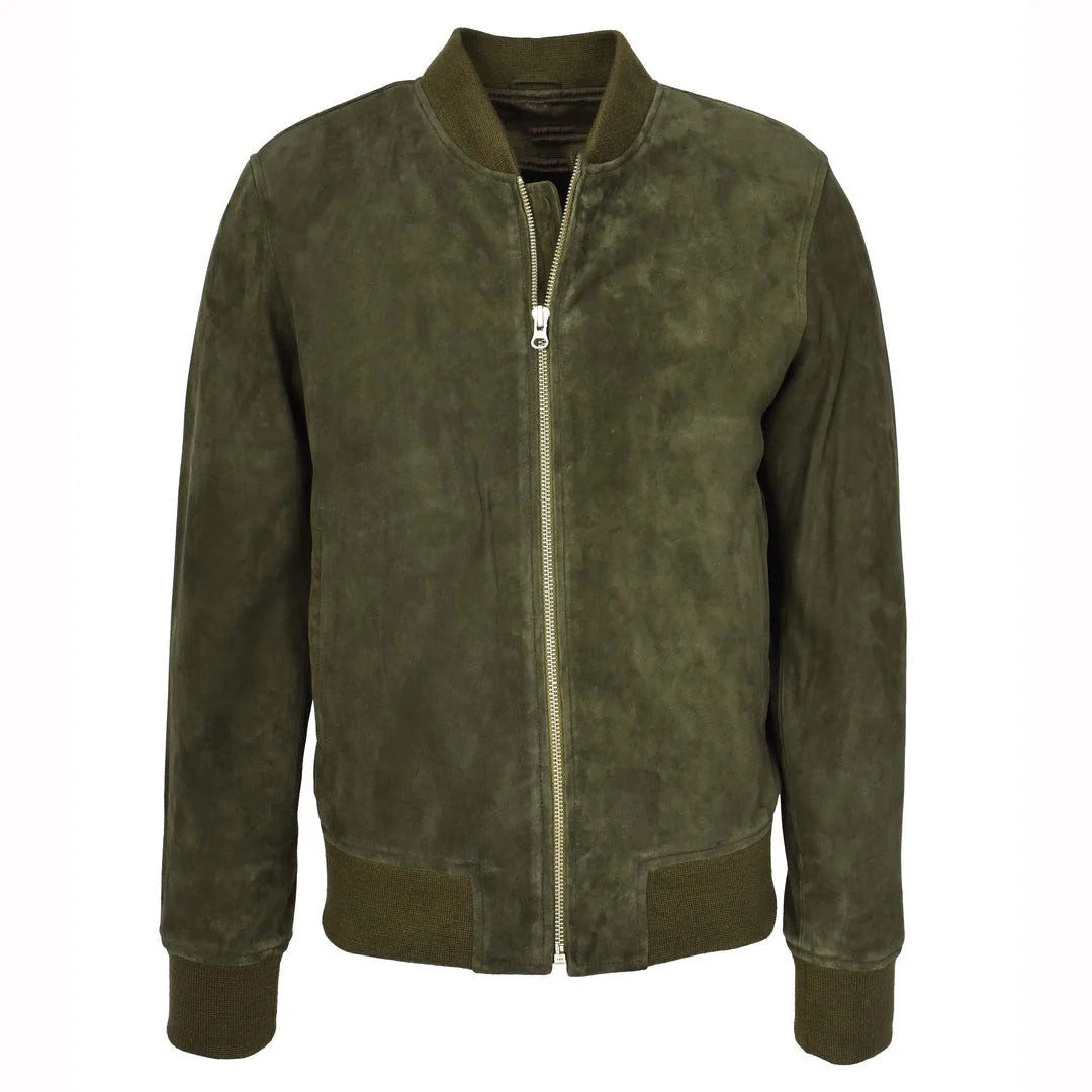 Mens Real Goat Suede Bomber Jacket MA-1 Varsity Design Ryan Olive Green