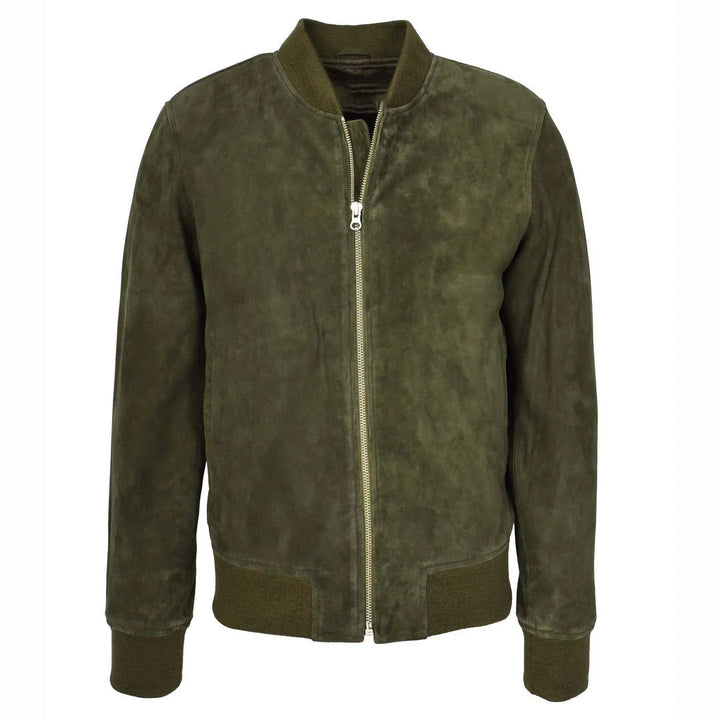 Mens Real Goat Suede Bomber Jacket MA-1 Varsity Design Ryan Olive Green
