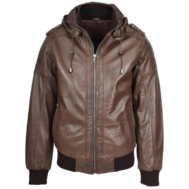 Mens Real Leather Bomber Jacket Trendy Removable Hood Style Reggie Brown