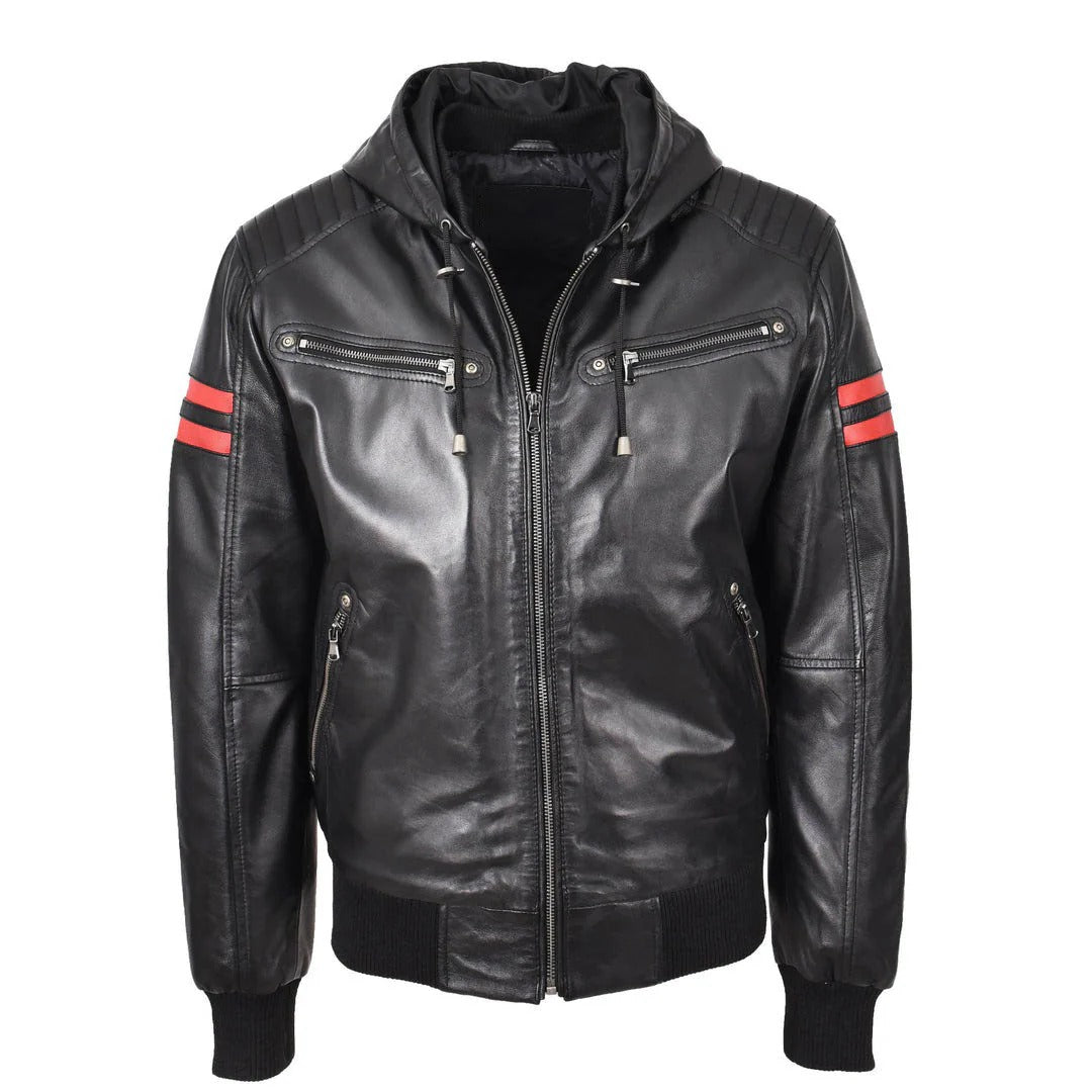 Mens Real Leather Bomber Zip Jacket Hooded Remmy Black