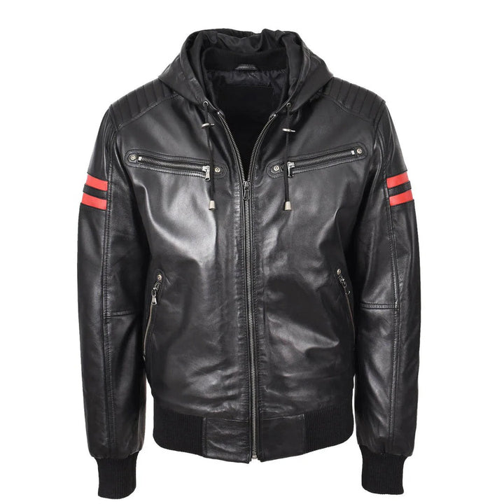 Mens Real Leather Bomber Zip Jacket Hooded Remmy Black