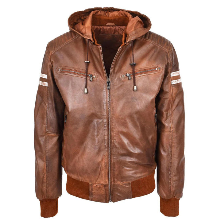 Mens Real Leather Bomber Zip up Detachable Hoodie Jacket Remmy Cognac