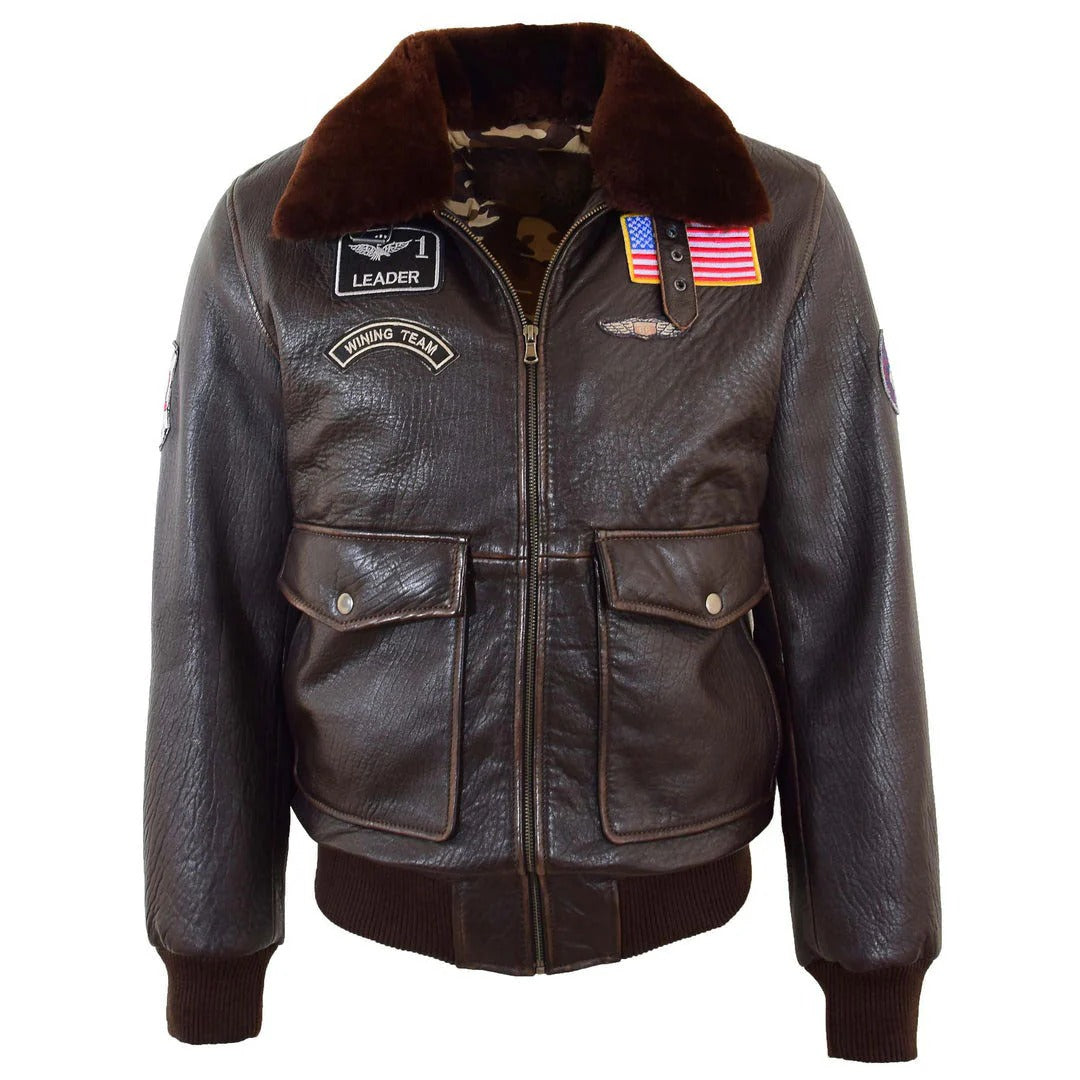 Mens Real Leather G-1 Bomber Jacket Airforce Badges Finch Brown