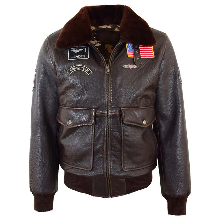 Mens Real Leather G-1 Bomber Jacket Airforce Badges Finch Brown