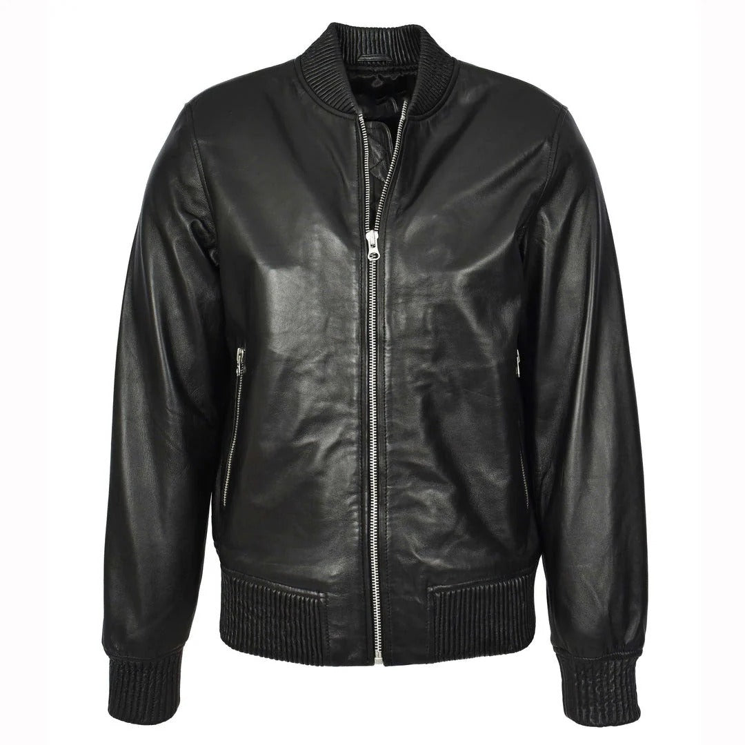 Mens Real Soft Leather Bomber Jacket MA-1 Varsity Style Torque Black