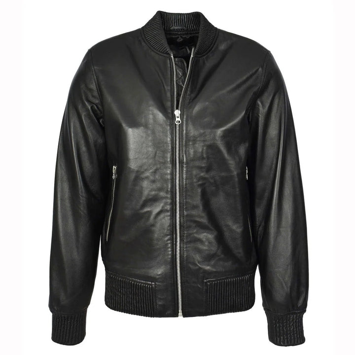 Mens Real Soft Leather Bomber Jacket MA-1 Varsity Style Torque Black